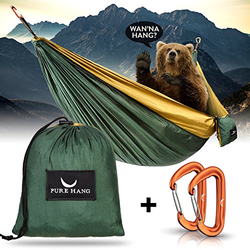 PURE HANG Premium Camping Hängematte Outdoor XXL 300kg Traglast 285cm x 185cm für 2 - 4 Personen Ultra-Leichte Fallschirm-Seide mit 2 Karabiner Befestigung - Reise Strand Garten Travel