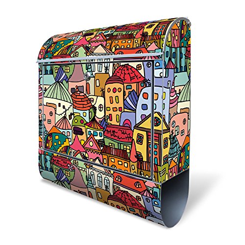 BANJADO Design Briefkasten mit Zeitungsfach, 2 Schlüssel, A4 Einwurf, silber pulverbeschichtet, mit Motiv Funky Town