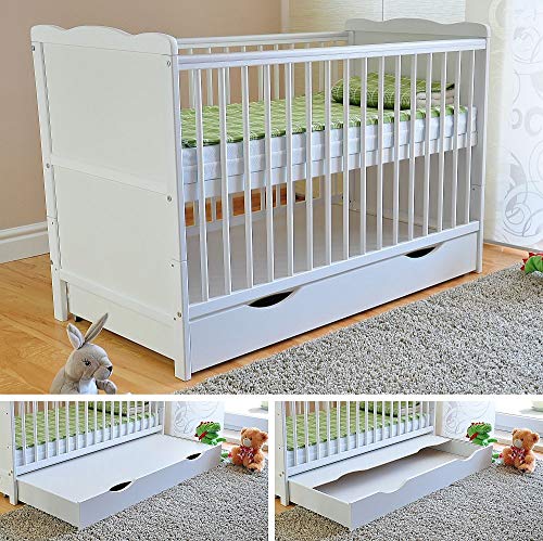 BABY Gitterbett mit Schublade mit Deckel  Babybett  Kinderbett mit Aloe Vera Schaumstoffmatratze  Zahnschienen  höhenverstellbar  Weiß  umbaubar zum Juniorbett