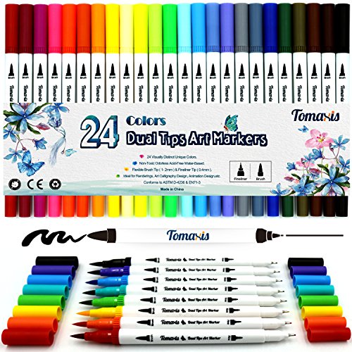 Pinselstift Set 24 Farben 0.4mm-2mm mit 2 verschiedenen Spitzen Bullet Journal Malstifte auf Wasserbasis Art Marker Fineliner