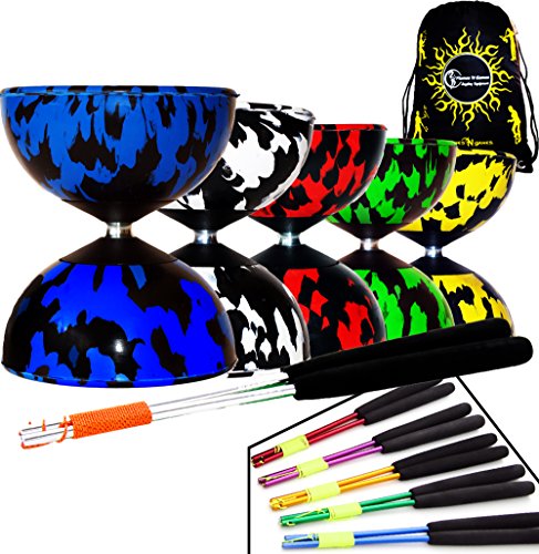 Profi Diabolo Set HARLEKIN + Pro Diablo Aluminium Handstäbe, Diaboloschnur + Reisetasche! Ideal für Kinder und Erwachsene. (Schwarz/Rot+Rot Handstäbe)