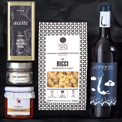 Geschenk-Set PASTA & VINO | Gefüllter Geschenkkorb mit italienischen Nudeln, mediterranen Delikatessen und Rotwein aus Spanien
