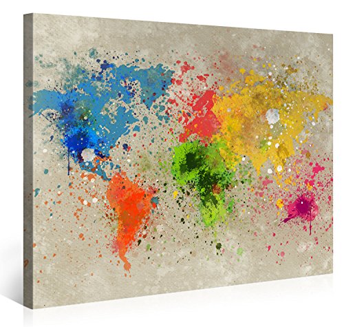 Premium Weltkarte Leinwanddruck 100x75 cm – World Map Aquarell Explosion – XXL Kunstdruck auf Leinwand auf 2 cm Holz-Keilrahmen – Handgemachte Fotoleinwand in Deutsche Markenqualität für Schlaf- & Wohnzimmer von Gallery of innovative Art
