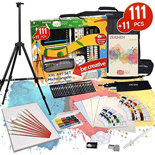 Artina 122 Teile XXL Mega Malset Staffelei Set – Komplett Malset Acryl, Zeichenset, Buntstifte, Farbset, Leinwand, Pinselset für Erwachsene & Kinder