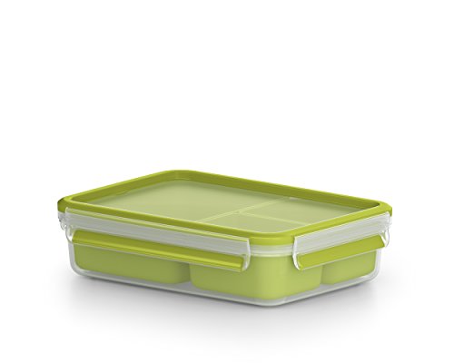 Emsa Lunch- und Snackbox mit 3 praktischen Einsätzen und Deckel, Volumen: 1,2 Liter, Transparent/Grün, Clip & Go, 518100