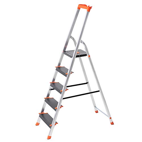 SONGMICS Leiter 5 Stufen, Aluleiter mit 12 cm breiten Stufen, Stehleiter mit Werkzeugschale, Klappleiter mit Anti-Rutsch-Füßen, max. statische Belastbarkeit 150 kg GLT05BK