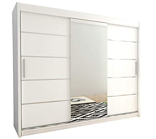 Kryspol Schwebetürenschrank Verona 2-250cm mit Spiegel Kleiderschrank mit Kleiderstange und Einlegeboden Schlafzimmer- Wohnzimmerschrank Schiebetüren Modern Design (Weiß)