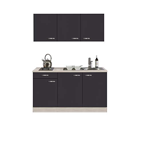 Singleküche BARCELONA | Miniküche mit Elektro-Kochfeld und Spüle | Breite 150 cm | Grau/Akazie mit Echtholzstruktur