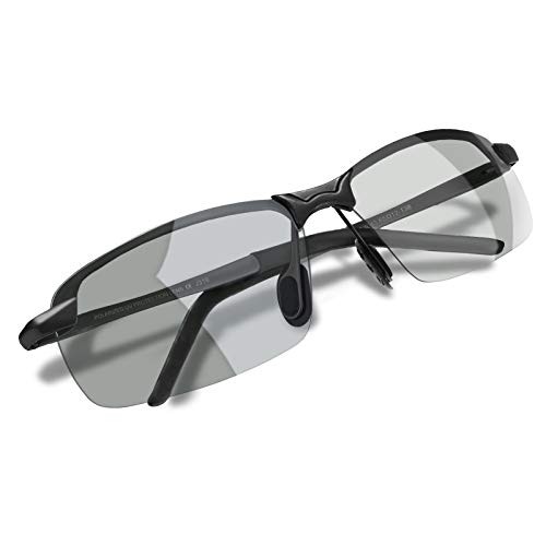 WHCREAT Herren Photochromatisch Polarisierte Sonnenbrille für Fahren Draussen Sport mit Ultraleicht AL-MG Rahmen - Schwarz Rahmen Grau Linse
