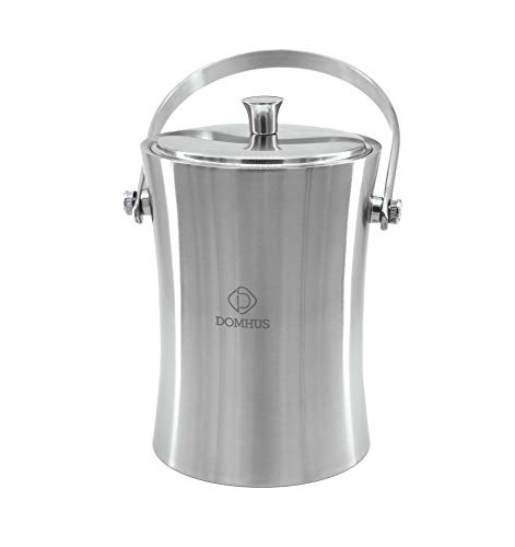 Domhus 2.0 Liter Premium Eiswürfelbehälter | Eiseimer Doppelwändiger Isolierter Eisbehälter aus Edelstahl mit Tragegriff, Deckel und Zange| Silber Matt