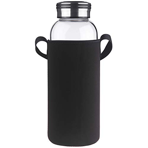 Cleesmil Trinkflasche Glas Wasserflasche mit Neoprenhülle Glasflasche 1500 ml /1.5 L (Schwarz)