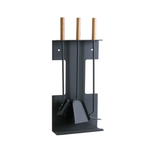 Kaminbesteck 3-teilig schwarz aus Eisen mit Holzgriffen ca. 64 cm hoch- Kamingarnitur mit Ständer bestehend aus Kehrschaufel, Schürhaken + Kaminbesen
