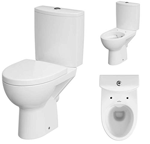 VBChome Keramik Stand- WC Toilette Komplett -Design- Set mit Spülkasten WC- Sitz aus Duroplast mit Absenkautomatik SoftClose-Funktion für waagerechten Abgang Wasseranschluss Spülrandlos