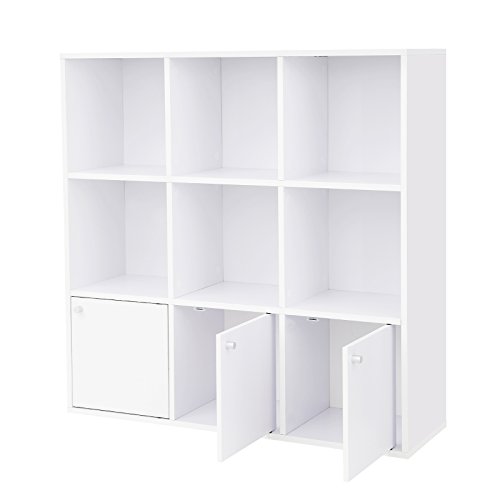 VASAGLE Bücherregal aus Holz, Aufbewahrungsregal,für Zuhause oder Büro, Ausstellungsregal, freistehendes DVD-Regal, Bücherschrank mit 3 Türen, Weiß LBC33WT