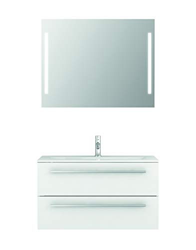 Badmöbel-Set Libato - 90 cm breit - Weiß Hochglanz - Badezimmermöbel Waschtisch mit Unterschrank Spiegel mit Beleuchtung Sieper Jokey