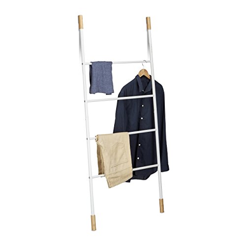 Relaxdays Handtuchleiter Metall, Kleiderleiter mit 4 Sprossen, freistehende Wäscheleiter, Bambus, HBT: 150x70x2cm, weiß