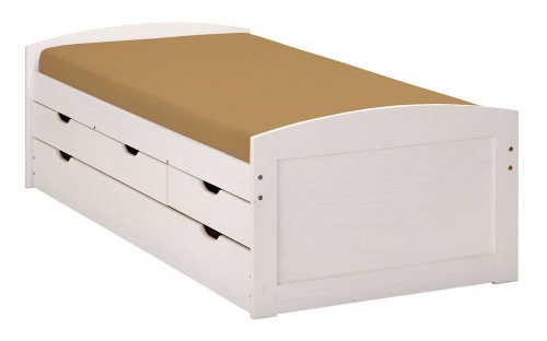 Inter Link Bett Funktionsbett Kinderbett Einzelbett Stauraumbett modernes Bett Kiefer massiv Weiss lackiert