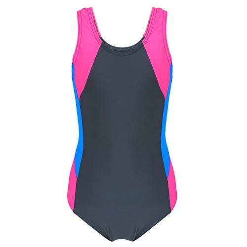 Aquarti Mädchen Badeanzug mit Ringerrücken, Farbe: Graphit/Blau/Pink, Größe: 146