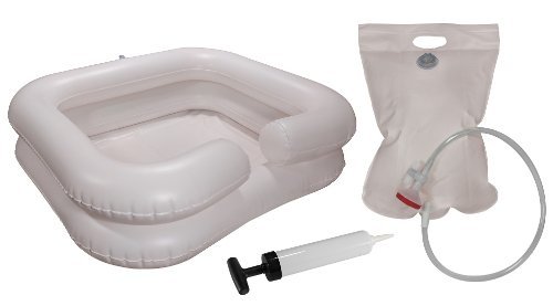 AMPRI 09145 Kopfwaschwanne, Haarwaschbecken, Bettwaschwanne mit Ablaufschlauch aufblasbar 2reihig und Pumpe und Duschvorrichtung