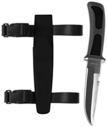 Tauchermesser mit Beinholster, mit Sicherung und Sägezahnrücken, Länge: 23 cm, Farbe :Schwarz
