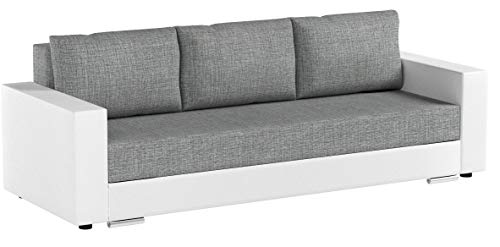 Schlafsofa Bird - Sofa mit Schlaffunktion und Bettkasten, Klappsofa, Schlafcouch mit Chromfüße, Couch, Couchgarnitur, Sofagarnitur (Weiß + Grau (Dolaro 511 + Berlin 01))