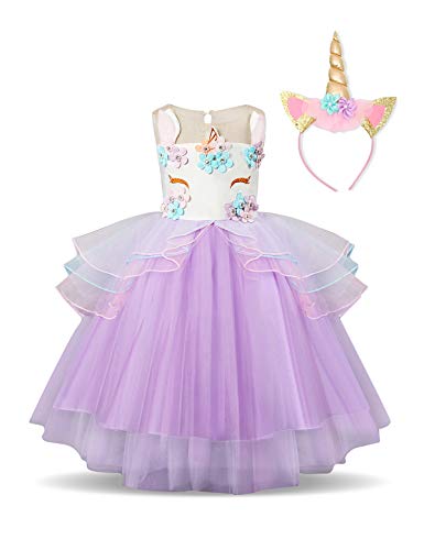 NNJXD Mädchen Einhorn Party Kostüm Blume Cosplay Hochzeit Halloween Fancy Prinzessin Kleid + Kopfbedeckung Größe (120) 5-6 Jahre Lila