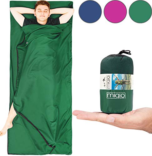 MIQIO 2in1 Hüttenschlafsack mit durchgängigem Reißverschluss (Links oder rechts): Leichter Komfort Reiseschlafsack und XL Reisedecke in Einem - Sommer Schlafsack Innenschlafsack Inlett Inlay - Grün