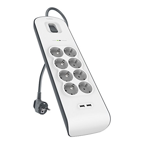 Belkin Surge Plus 8-fach Steckdosenleiste mit Überspannungsschutz (inkl. 2 USB Anschlüsse mit 2,4A, 2m Kabel) weiß/grau