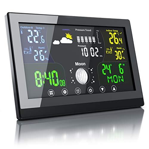CSL - Funk Wetterstation mit Farbdisplay - inkl. Außensensor - Funkuhr - Innen und Außentemperatur - Luftdruck Höhenkorrektur - Prognosen Wettervorhersage - LCD Display
