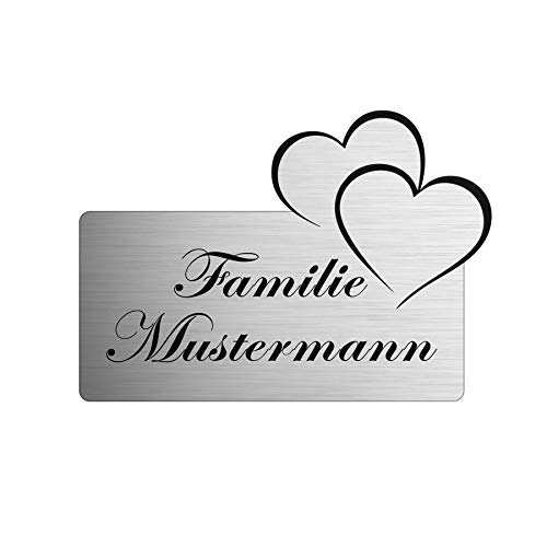 Namensschild personalisiert mit Gravur - Briefkastenschild in 4 Motiven erhältlich - Klingelschild in Edelstahl Optik - Geschenkidee für Frauen & Männer - Türschild ist selbstklebend - Herz
