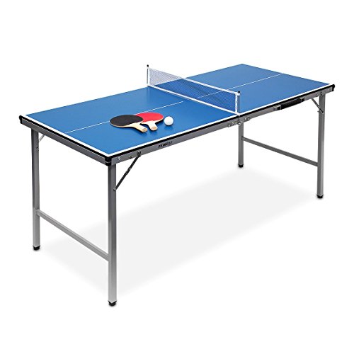 Relaxdays Klappbare Tischtennisplatte, HBT: 71 x 150 x 67 cm, tragbar, Netz, Bälle, Schläger, outdoor, MDF, Metall, blau
