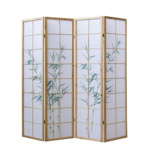 Homestyle4u 265, Paravent Raumteiler 4 teilig, Holz Natur, Reispapier Weiß, Bambus Motiv Grün