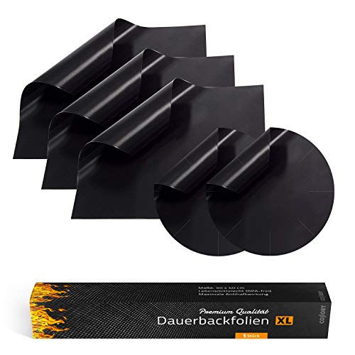 Collory Premium Dauerbackfolie XL (5er Set) | EXTRA Gross 50x40cm | Dickes Backpapier wiederverwendbar | Antihaftbeschichtete Backunterlage | Backmatte (3X rechteckig + 2X rund) | Schwarz