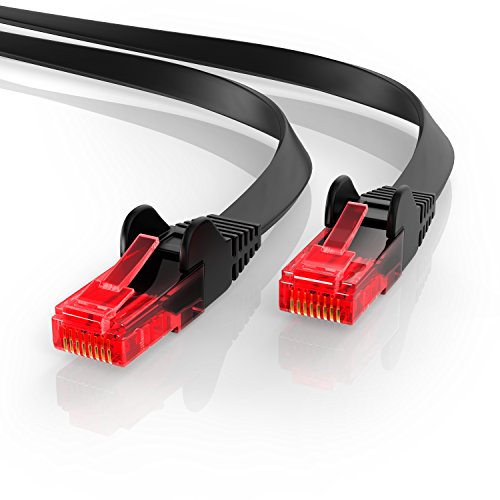 10m - CAT.6 Ethernet Gigabit LAN Netzwerkkabel / Flachbandkabel / Verlegekabel (RJ45)| 10/100/1000Mbit/s | inkl. Knickschutz | kompatibel zu CAT.5 / CAT.5e / CAT.7 | schwarz | 10,0 Meter