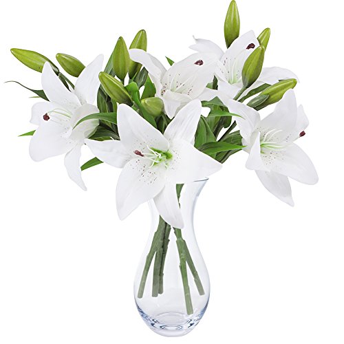Weiße Lilie Bush künstliche Blume, NNIUK Lily Real Touch Parfüm-Lilien-Blumen-Blumenstrauß-Hochzeit/Graves/Vasen (5 Stück)