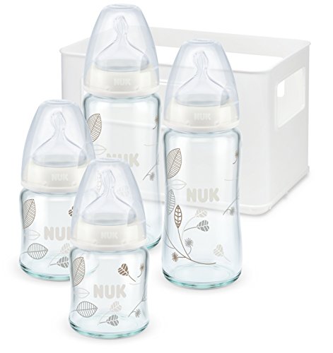NUK 10225128 First Choice Plus Starter Set Glas, mit 4 Babyflaschen inklusiv Silikon-Trinksaugern und Flaschenbox, 0-6 Monate