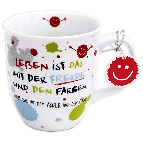 Die Geschenkewelt 45357 Kaffee-Tasse mit Spruch, Das Leben ist das mit der Freude, Porzellan, mit Geschenk-Anhänger, 40 cl
