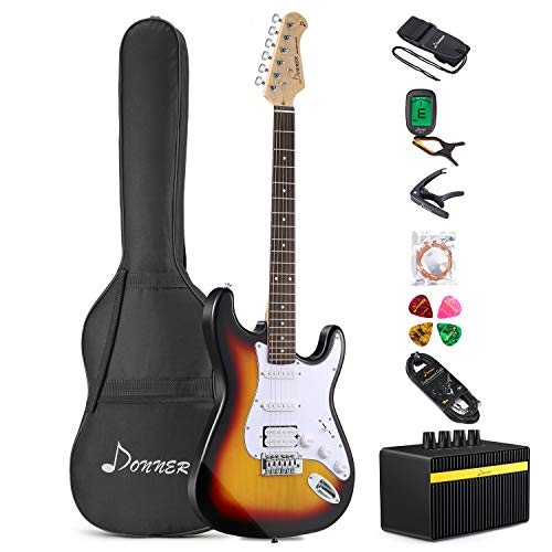 Donner DST-1S Full-Size 39 Zoll E-Gitarre Set Sunburst mit Verstärker, Tasche, Capo, Gurt, Saite, Tuner, Kabel und Gitarre Plektren