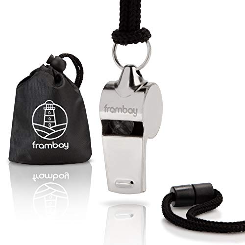 Frambay Premium Trillerpfeife - Profi whistle mit ausgezeichnetem Klang - Vielseitig einsetzbare Pfeife für Kinder, Lehrer und Schiedsrichter - Praktische Signalpfeife inklusive Tragetasche & Halsband