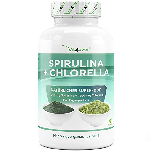 Vit4ever Spirulina Chlorella Algen Kapseln - 240 Stück mit jeweils 650 mg - Hochdosiert mit 2600 mg je Tagesdosis - Laborgeprüfte Qualität - Premium Superfood - Vegan