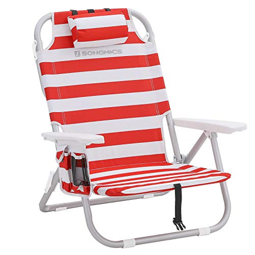 SONGMICS Strandstuhl mit Kühltasche, Aluminium, Flaschenhalter und Kopfkissen, Klappstuhl, tragbarerer Campingstuhl, faltbar, verstellbar und robust, Outdoor-Stuhl, rot-weiß gestreift GCB63BU
