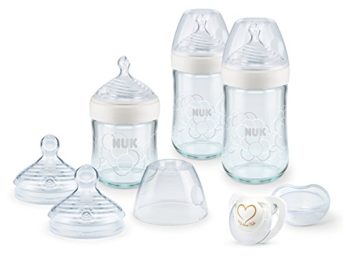 NUK 10225162 Nature Sense Glasflaschen Set, Babyflaschen aus Glas, Trinksauger und Genius Schnuller, 0-6 Monate, weiß
