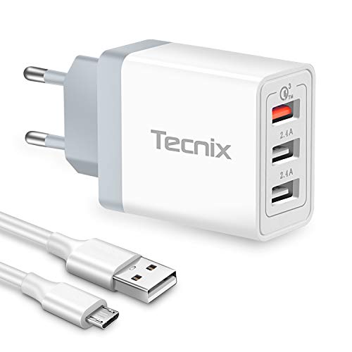 Tecnix 3-Port USB Ladegerät mit Quick Charge 3.0, 24W 3A Reise ladeadapter mit 1m Micro-ladekabel für iPhone, iPad, Samsung Galaxy, Huawei und weitere (Weiß)