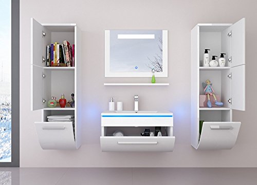 Badmöbelset Badezimmermöbel Komplett Set Waschbeckenschrank mit Waschtisch Spiegel 2 hochschränke mit LED Hochglanz Fronten weiß 70 cm Vormontiert Homeline1