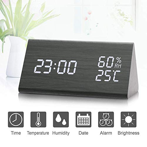 Digitaluhr, Wecker mit hölzerner elektronischer LED-Zeitanzeige, Doppelte Temperatur- und Feuchtigkeitserkennung, Ideal für Schlafzimmer, Nacht Kinder