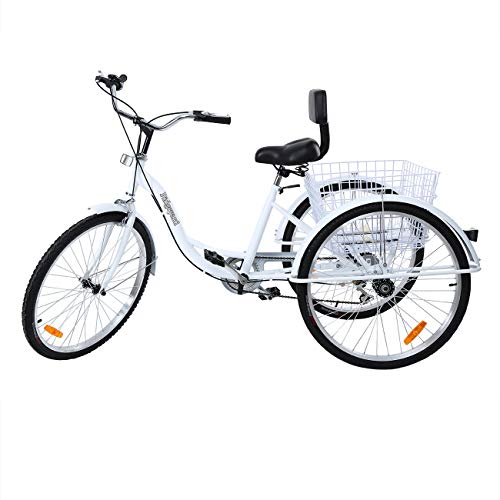 Muguang Dreirad Für Erwachsene 26 Zoll 7 Geschwindigkeit 3 Rad Fahrrad Dreirad mit Korb（Weiß