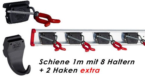 Bruns Gerätehalter Schiene 100 cm mit 8 Haltern + 2 Haken extra für Garten Geräte Werkstatt Besen