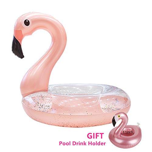 Aufblasbare Flamingo Schwimmring Float mit Glitter 110cm, Riesenaußenpool Float Lounge Spielzeug für Erwachsene & Kinder mit Pool Getränkehalter