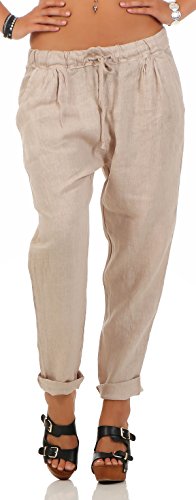 malito Damen Hose aus Leinen | Stoffhose in Unifarben | Freizeithose für den Strand | Chino - Jogginghose 6816 (beige, L)