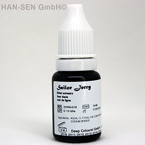 Sailor Jerry Tattoofarbe Liner Black (Linien Schwarz) 10 ml. Made in GERMANY! Mit Zertifikat! Tätowierfarbe, Tattoo Ink, Vertrieb durch HAN-SEN GmbH!
